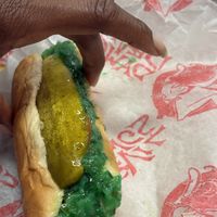 Vegan Chicago dog topped with relish    at Devil Dawgs on State in Chicago