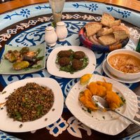 Stuffed veggies, lentil salad, sweet potato salad, fava beans, falafel  at Sofra in Luxor