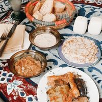 Hummus, stuffed vegetables, rice, bean dish  at Sofra in Luxor