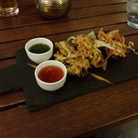 Onion bhaji with sweet chili sauce and coriander chutney at Cafe Mumbai in Aalborg