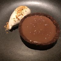 Chocolate and salted caramel tart with peanut butter ice cream.  at SACRO in Buenos Aires