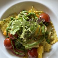 Pea Ravioli with its salad  at The Lamb Inn in Burford