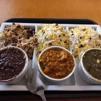 Vegan plate with 3 sauces and 3 rices (took twice the same rice) at Persian FoodBox in Luxembourg City