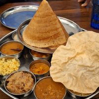 Vegan thali with cone dosa at Udupi Palace in San Francisco