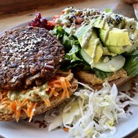 Warrior sandwich with burger patty instead of tofu  at Puerto&Co in Puerto Viejo De Talamanca