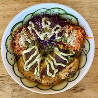 Bowl with chickpea patty (no beets or tomato)  at Puerto&Co in Puerto Viejo De Talamanca