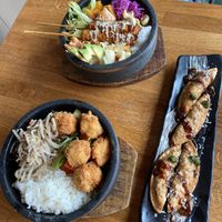 good life don (the one with tempeh skewers), sinneswandel (with fried tofu cubes) and gyozas topped with a delicious pesto at Secret Garden in Berlin