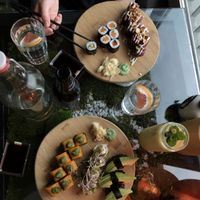 the white rice lox makis on top were the only ones that we ended up liking out of the whole order.   at Secret Garden in Berlin