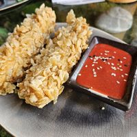 'Kazuki Sticks': silk tofu coated in crispy rice flakes & raspberry-chili dip (5.5€) at Secret Garden in Berlin