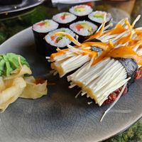 Front: Enoki mushrooms Nigiri (5.5€); back: avocado & plant salmon 'Avo Lax' Maki (5€) at Secret Garden in Berlin