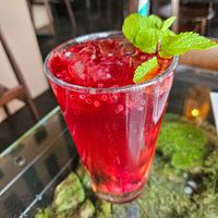 'Red Sensation': raspberry & basil with tea (5.5€) - straw too narrow, often clogged at Secret Garden in Berlin