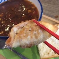 Veggie soup of the day with a side of veg gyoza! at Bear's Cafe & Goldilocks Lounge in Hakuba