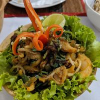 Fried oyster mushrooms with vegetables, basil, onions.. super! at Chamkar - The Passage in Siem Reap