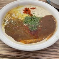 Hummus masabacha and ful in one bowl   at Abu Hassan in Tel Aviv