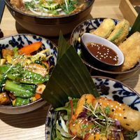 Tofu, pear and avocado tempura, veggies sauté, won ton soup. at An Vegan House  in Hamburg