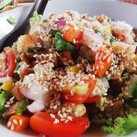 Avo salad (avos are on the bottom) super tasty!! at Vegan Phangan in Koh Phangan