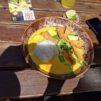 Mango sauce with vegetables and fake chicken. The mango sauce had a strong coconut taste and was refreshing. Fake chicken was good. at East Moon in Berlin