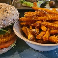 Chicken burger and sweet potato fries at Peter Pane - Friedrichstr in Berlin