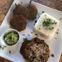 Falafel menu del dia with rice and ratatouille  at Cafe del Mundo in Mancora