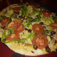 Veggie Delight small pizza with whole wheat vegan crust and vegan cheese at Mooses Tooth in Anchorage