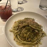 Almond Hazelnut Pesto Bucatini & Pommule cocktail  at Stanza in Salt Lake City