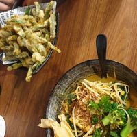 Laksa and tempura beans at Brainwave Cafe in Sydney