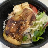 Unagi-Style Eggplant with Silken Tofu, Rice and Salad. at Brainwave Cafe in Sydney