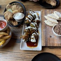 Fries, fried chick’n, broccoli, olive tapenade with pita   at O.G.B. in Christchurch