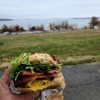 Vegan breakfast sandwich on a garlic bagel! at Forage Market in Portland