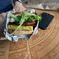 Vegan breakfast sandwich on plain bagel   at Forage Market in Portland