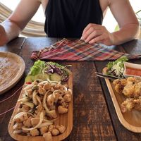 Tofu larb (made with tvp chunks) and vegetable fritters   at Benny's On The Beach in Koh Lipe