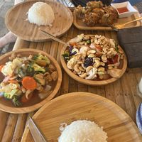 Tofu pad krapow, cashew tofu and vegetable fritters  at Benny's On The Beach in Koh Lipe