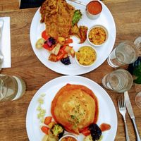 Smoked aubergine with tempura chard leaf (top) and large dosai (bottom). at The Devil in Rye in Rye