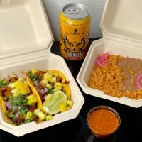 al pastor tacos + rice + beans (takeout) at Frelard Tamales in Seattle