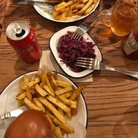 The Beyond Meat burgers with Rosemary Salted chips. The coleslaw does have mayonnaise, but is awesome for vegetarians and people with dairy intolerances.  at Honest Burgers in London