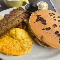 Vegan usual with chocolate chip pancakes, just egg, field roast apple sausage, and herb potatoes  at Millie's in Pasadena