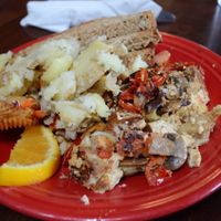We got the "Create your own":
Tofu scramble (with tomatoes, bell peppers, mushrooms and artichoke hearts), potatoes and toast with delicious homemade preserve. at Ike's Quarter Cafe in Nevada City