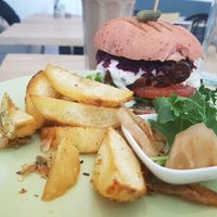 Rib burger with wedges at Joy of Flora in Adelaide