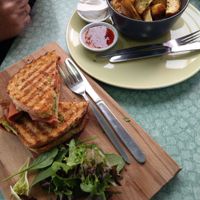 Toasted sandwich and housemade organic wedges at Joy of Flora in Adelaide