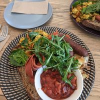 Extra big breakfast with tofu scramble, baked beans, sausages, pb bacon, roasted tomato, mushrooms, spinach, spuds and salad at Joy of Flora in Adelaide