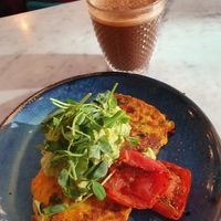 Red pepper and corn pancakes; mood enhancing mocha at Redemption - Seven Dials in London