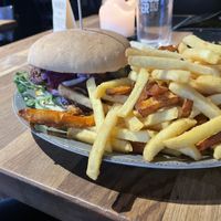 BBQ a bit Hot Burger with mixed fries  at Mokel Bar in Muenster