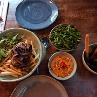 Mushroom hache, greens, romesca dip & bread sticks at Fellpack in Keswick