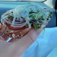 Everything bagel breakfast melt, I make sure to get both the vegan cheese and vegan cream cheese 😝their lattes are great too! at Bagery in Easton