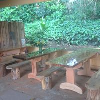 Gorgeous & comfy recycled wood tables at Roots Alchemy in Hawi