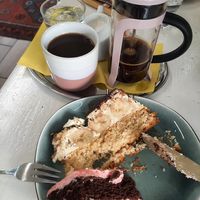 Both cakes and Lupin decaf coffee at Omas Backstube in Vienna