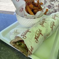 Wheat falafel wrap with sweet potato fries  at Nafplio Falafel in Nafplion