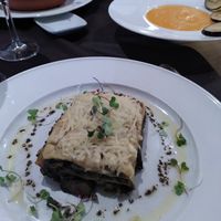 Vegan mushroom lasagne, couscous and salmorejo at Madre Tierra in Toledo
