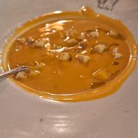 Gazpacho with melon cube croutons  at Madre Tierra in Toledo