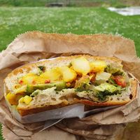Bombay potato focaccia sandwich at Bread By Bike in North London